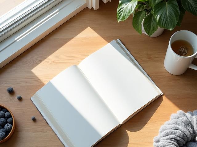 A minimalist desk scene with a book, a cup of tea, and a healthy snack, free from digital devices.