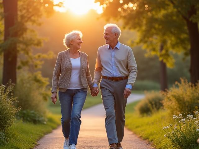 An older, active couple walking in a beautiful natural setting, radiating health and vitality.