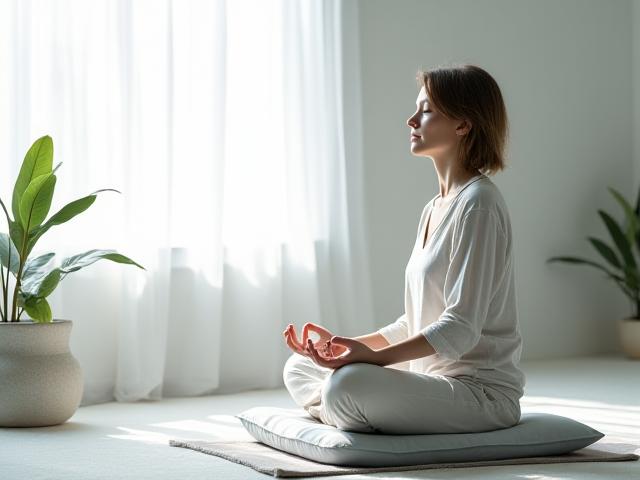 A person in a serene meditation pose, surrounded by soft, muted colors and natural elements.