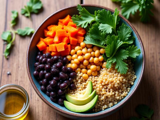 A vibrant and colorful bowl of fresh, healthy ingredients, suggesting a nutritious meal.