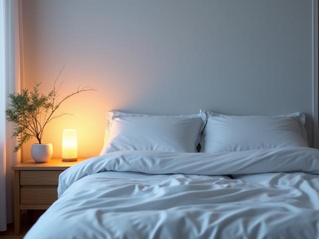 A peaceful bedroom scene with soft lighting, a neatly made bed, and natural textures, promoting restful sleep.