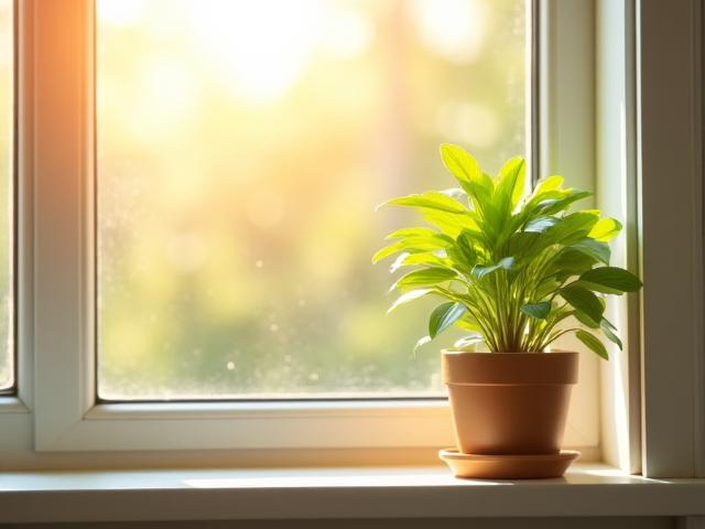 Bright morning sunlight streaming through a window, illuminating dust motes and a healthy plant.