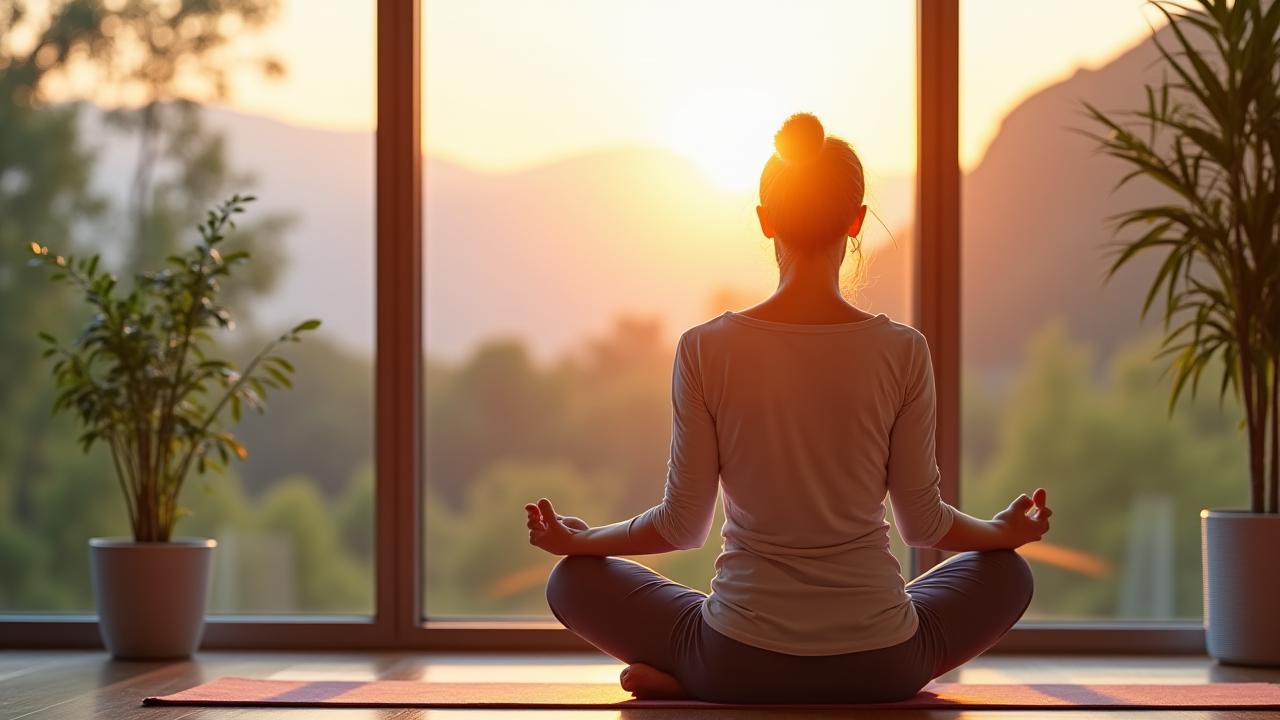 A woman practices gentle yoga at sunrise, symbolizing mental clarity and physical wellness.