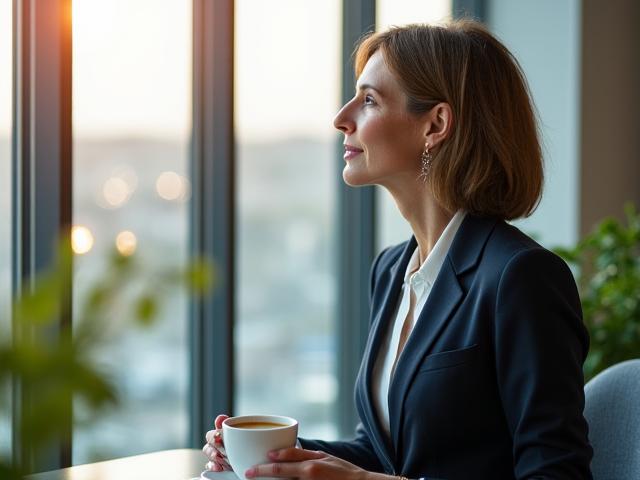 Professional woman drinking tea, looking serene