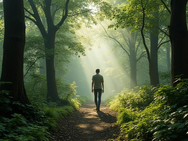 Person walking through a serene, misty forest