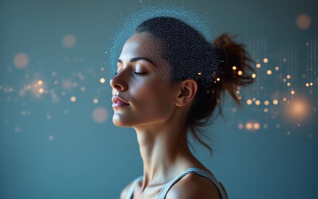 Woman meditating, digital mind overlay