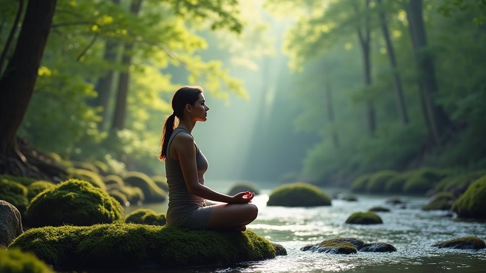 Person practicing forest bathing, sitting peacefully by a stream in a lush forest