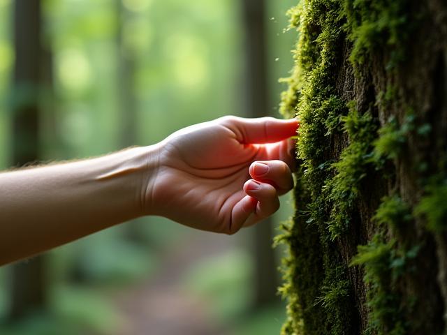 Person mindfully touching tree bark in a forest