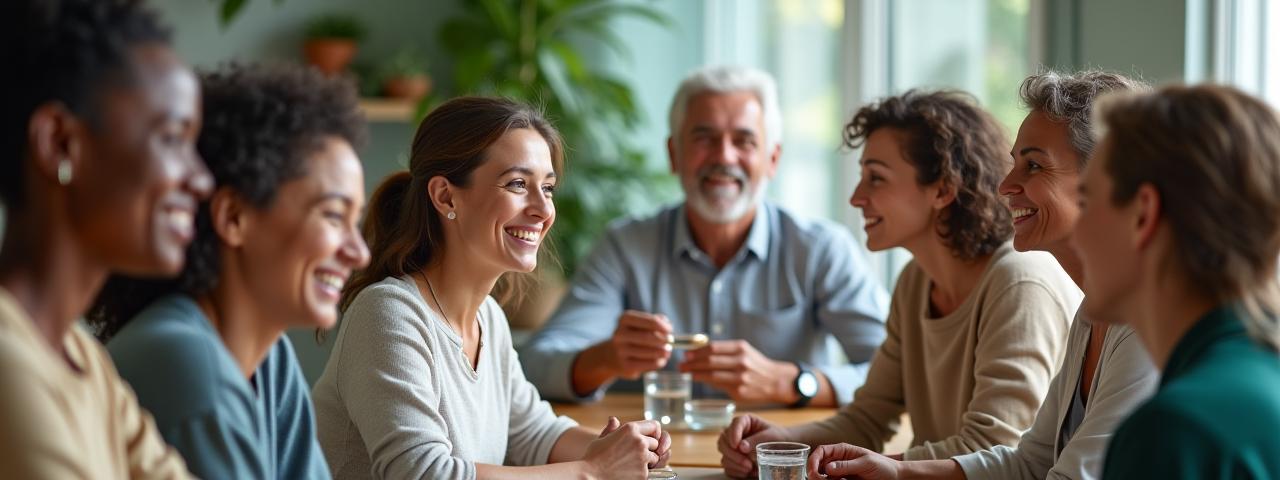 Diverse group of people smiling and collaborating, representing a supportive online community